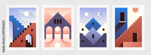 Contemporary stairs. Abstract geometry posters with minimal architectural elements and buildings. Stepped roofs and arches. Sun or moon in sky. Modern banners of cityscape. Oriental town, vector set