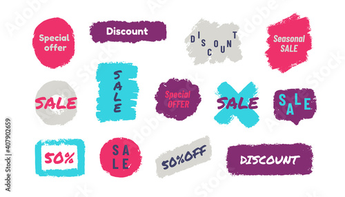 Grunge sale badge. Discount labels. Collection of colorful signs for price tags. Painted shapes and promotional text. Special offer advertising banner. Isolated decorative symbols, vector flat set