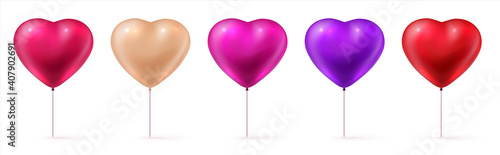 Valentine balloons. Realistic 3D red, pink and purple inflated forms. Heart shaped romantic decorative elements. Glossy holiday presents for children and lovers. Isolated bright objects, vector set
