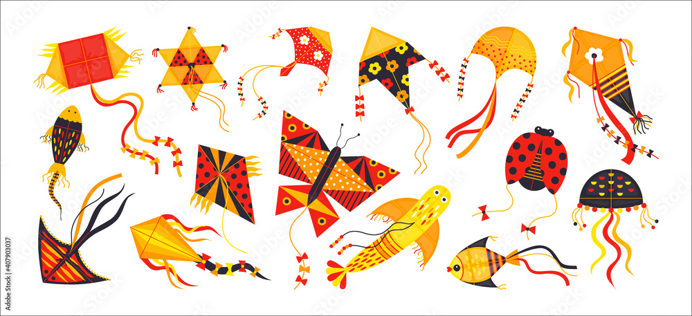 Cartoon kite. Festive toys flying in sky. Red and yellow hovering isolated objects. Animals and geometric shapes with tails waving in wind. Traditional holiday or leisure pastime for kids, vector set Cartoon kite. Festive toys flying in sky. Red and yellow hovering isolated objects. Animals and geometric shapes with tails waving in wind. Traditional holiday or leisure pastime for kids, vector set