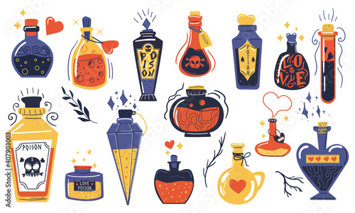 Magic potions. Alchemist cartoon bottles with love potion and magical elixir, witch and wizard magic vials. Witchcraft tools and mystical symbols collection vector doodle drawing isolated on white set © SpicyTruffel