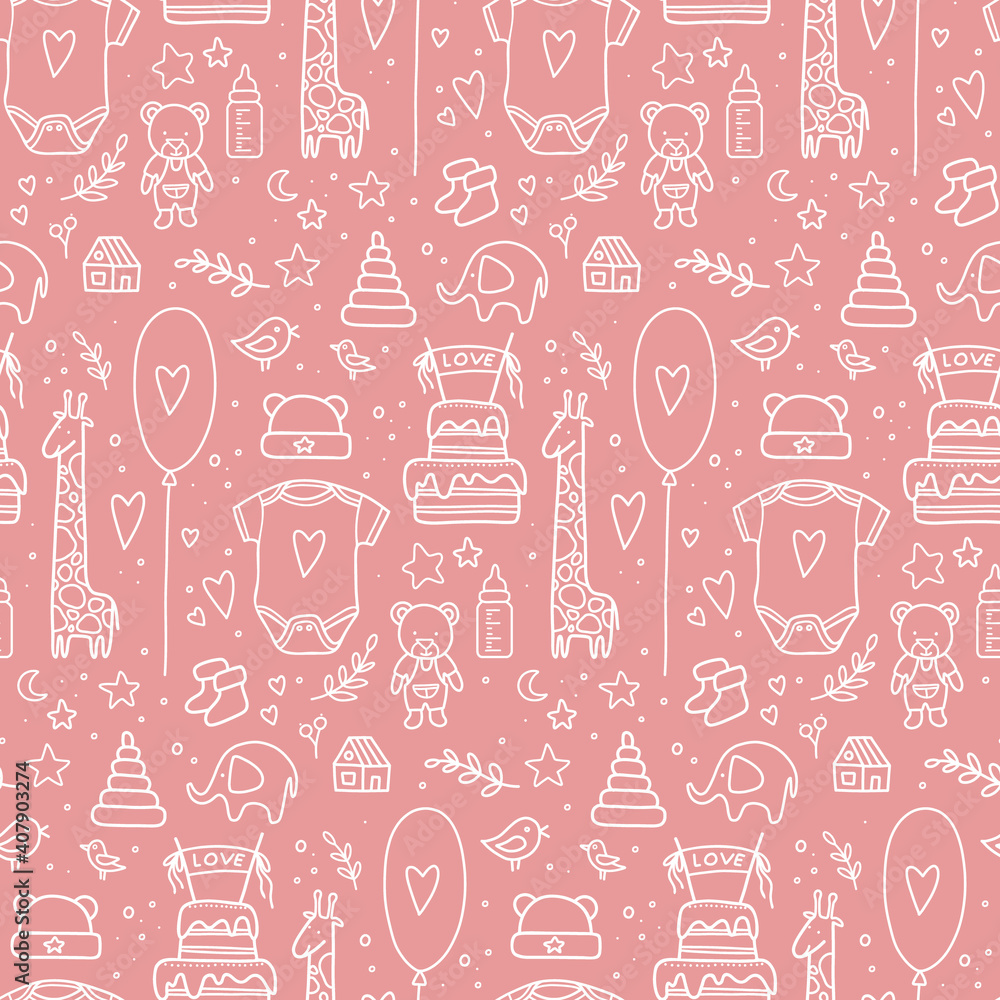 hand drawn baby seamless pattern. Vector illustration. doodle baby pattern isolated. Kid birthday pattern with balloons, flags, toys, bottle, cake, twigs, hearts, clothes, hand drawn baby seamless pattern. Vector illustration. doodle baby pattern isolated. Kid birthday pattern with balloons, flags, toys, bottle, cake, twigs, hearts, clothes,