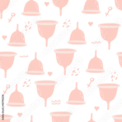 Cute and gentle seamless pattern of menstrual cup. Menstrual protection for women, zero waste, eco feminine hygiene. Hand drawn flat vector illustration.