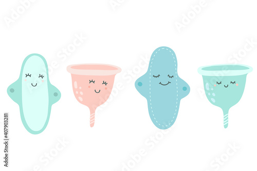 Cute happy cloth pad and menstrual cup. Zero waste period Isolated on white background. Vector cartoon character illustration. Handmade zero waste swap. Eco-friendly, washable menstrual pad. 