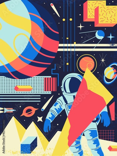 Space abstract background. Futuristic poster with cartoon cosmonaut and galaxy shapes. Colorful planets or satellites. Psychedelic design. Astronaut exploring universe. Vector cosmic illustration