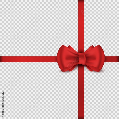 Red satin realistic bow. Scarlet decorative knot and silk ribbons. Wrap element on transparent background. Tie holiday present, fix wrapping paper to gift box with tape. Vector decoration template
