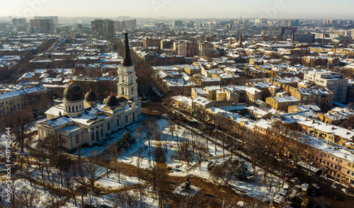 Panorama of city center with Orthodox Cathedral in Odessa, Ukraine. Drone footage, winter time and sunny day..