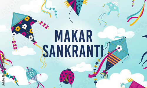 Makar Sankranti. Cartoon holiday background with flying kites of different shapes and colors. Traditional Indian festival. Annual celebration winter solstice, January religious event, vector poster