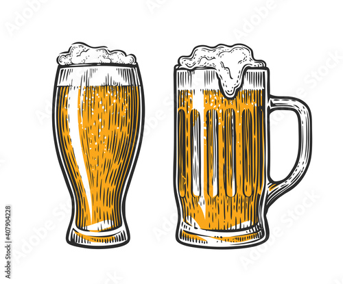 Beer in glass mug with foam. Hand drawn vector illustration