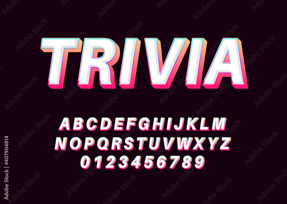 Trivia white and gradient text effect, font alphabet template for quiz, game show, typography, movie poster, logo template.