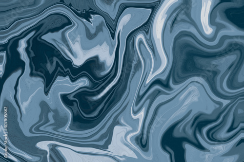 Digital illustration in fluid art style in blue shades. Abstract mixing of colored liquid paints.