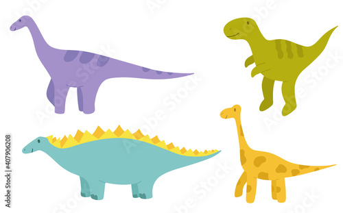 Set of happy dinosaurs with a smile. Isolated objects. Vector illustration for Children. Drawn by hands. It can be used to decorate a children s party  children s clothing  bed linen  notebooks.