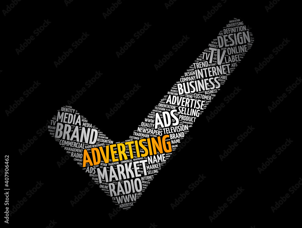 ADVERTISING check mark word cloud, creative business concept background ADVERTISING check mark word cloud, creative business concept background