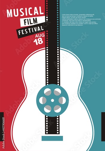 Musical films festival unique cinema concept with guitar shape and film strip. Movie event poster layout. Film reel design elements vector illustration. 