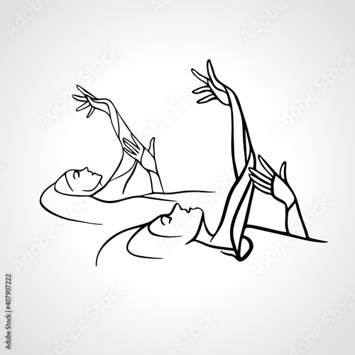 Synchronized swimming. Sport team line art vector illustration
