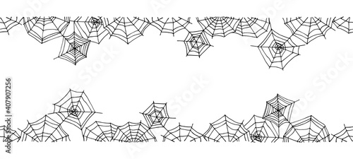 horizontal seamless spider web pattern, spooky halloween ornament, border, frame, vector illustration with black ink lines isolated on white background in doodle and hand drawn style