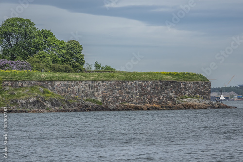 Coastal fortifications of Suomenlinna fortress. Suomenlinna (Sveaborg) - sea fortress, which built gradually from 1748 onwards on a group of islands belonging to Helsinki district. Helsinki, Finland.