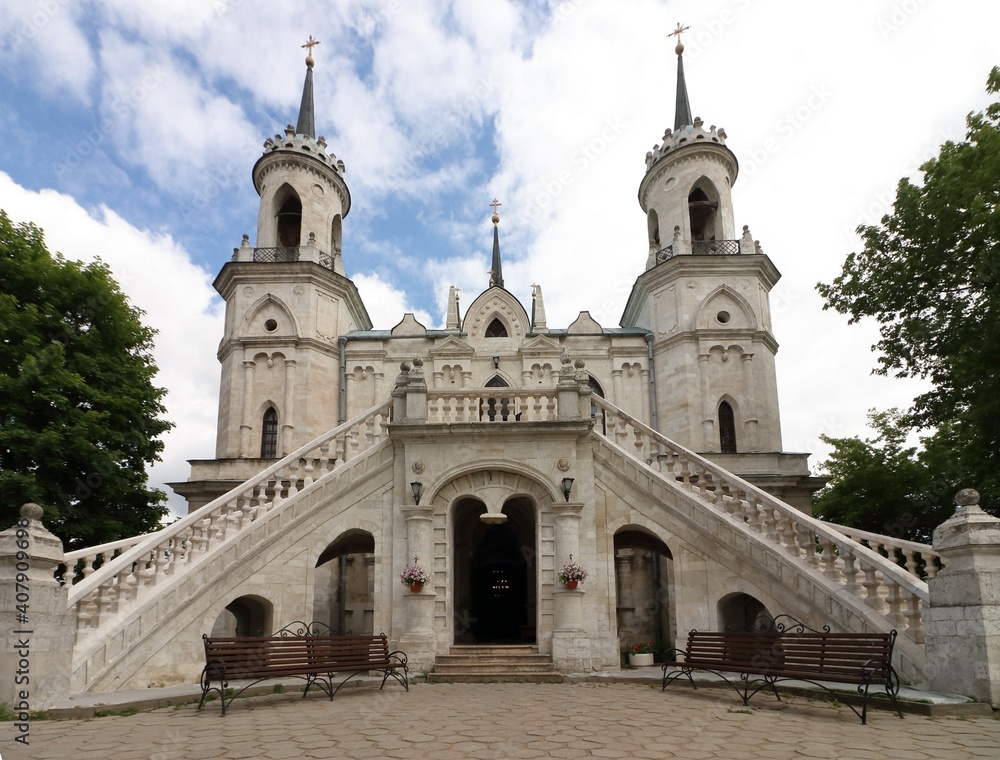 White-stone Vladimir Church in pseudo-Gothic style in Bykovo, Moscow region, Russia