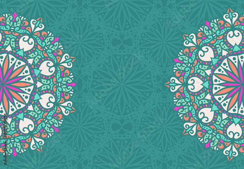 Vector vintage decor, ornate seamless borders and round mandala. Vignettes with arches, rosettes, floral elements. Eastern style design. Ethnic decoration. Indian, Pakistani, Turkish, Arabic motifs.