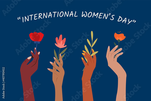 International women's day. Set of woman hands holding beautiful flowers. Girl power. Modern colorful vector illustration for banner, web, print, advertising