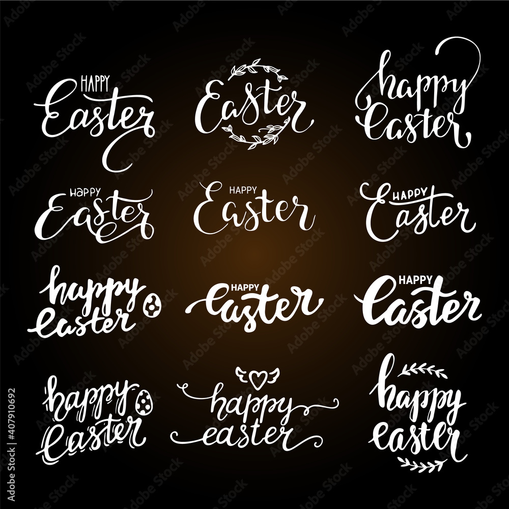 Happy Easter hand written lettering. Brush calligraphy text templates with Easter eggs. Congratulation phrases for greeting card, invitation, banner, poster, flyer template. Isolated vector set.