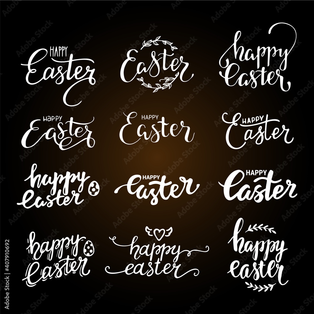 Happy Easter hand written lettering. Brush calligraphy text templates with Easter eggs. Congratulation phrases for greeting card, invitation, banner, poster, flyer template. Isolated vector set. Happy Easter hand written lettering. Brush calligraphy text templates with Easter eggs. Congratulation phrases for greeting card, invitation, banner, poster, flyer template. Isolated vector set.