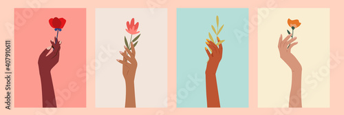 Set of female hands holding beautiful flowers posters for web, print. Different skin colored elegant woman hands isolated. Girl power. Feminism. Modern vector illustration in flat style