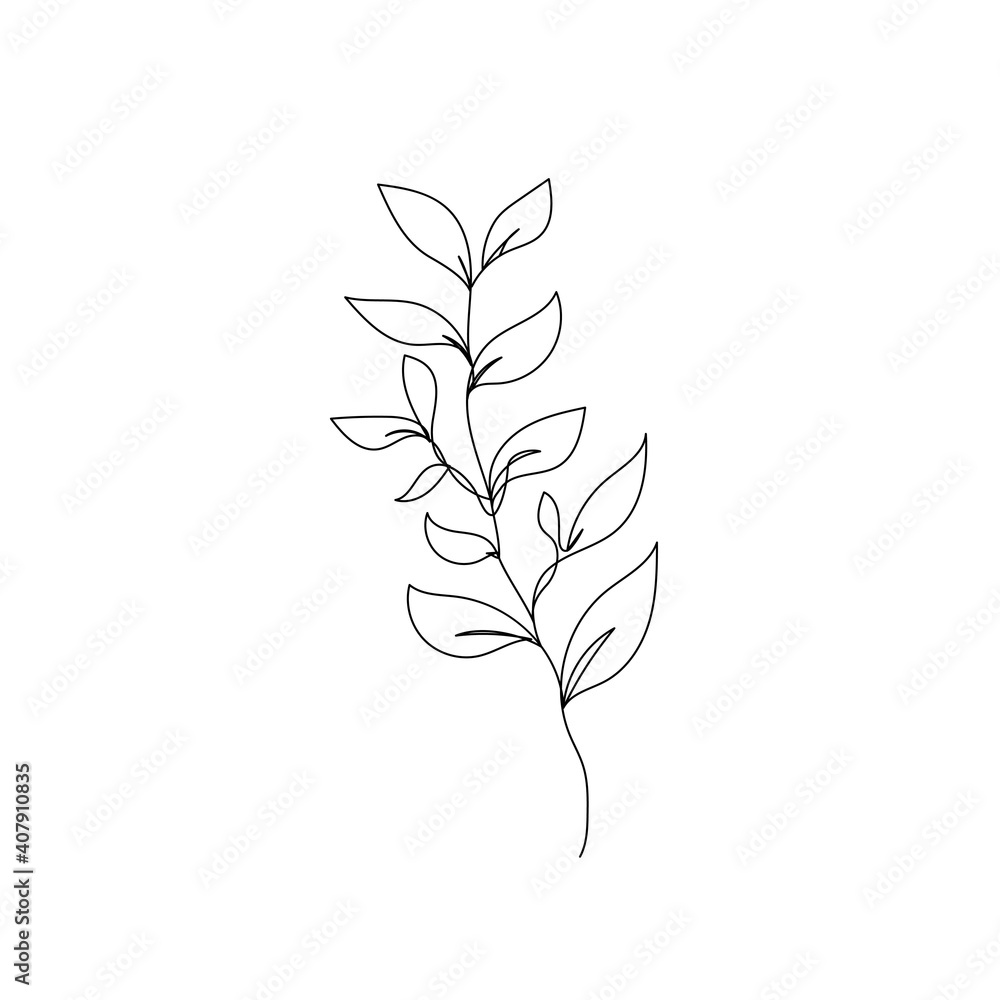 Branch Leaves One Line Drawing. Continuous Line of Floral Illustration. Abstract Contemporary Botanical Design Template for Minimalist Covers, t-Shirt Print, Postcard, Banner etc. Vector EPS 10. Branch Leaves One Line Drawing. Continuous Line of Floral Illustration. Abstract Contemporary Botanical Design Template for Minimalist Covers, t-Shirt Print, Postcard, Banner etc. Vector EPS 10.