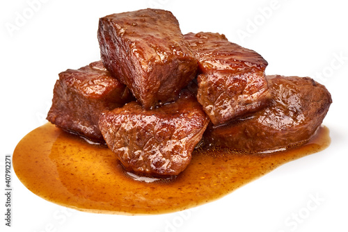 Fotografie Meat stew, goulash with sauce, isolated on white background