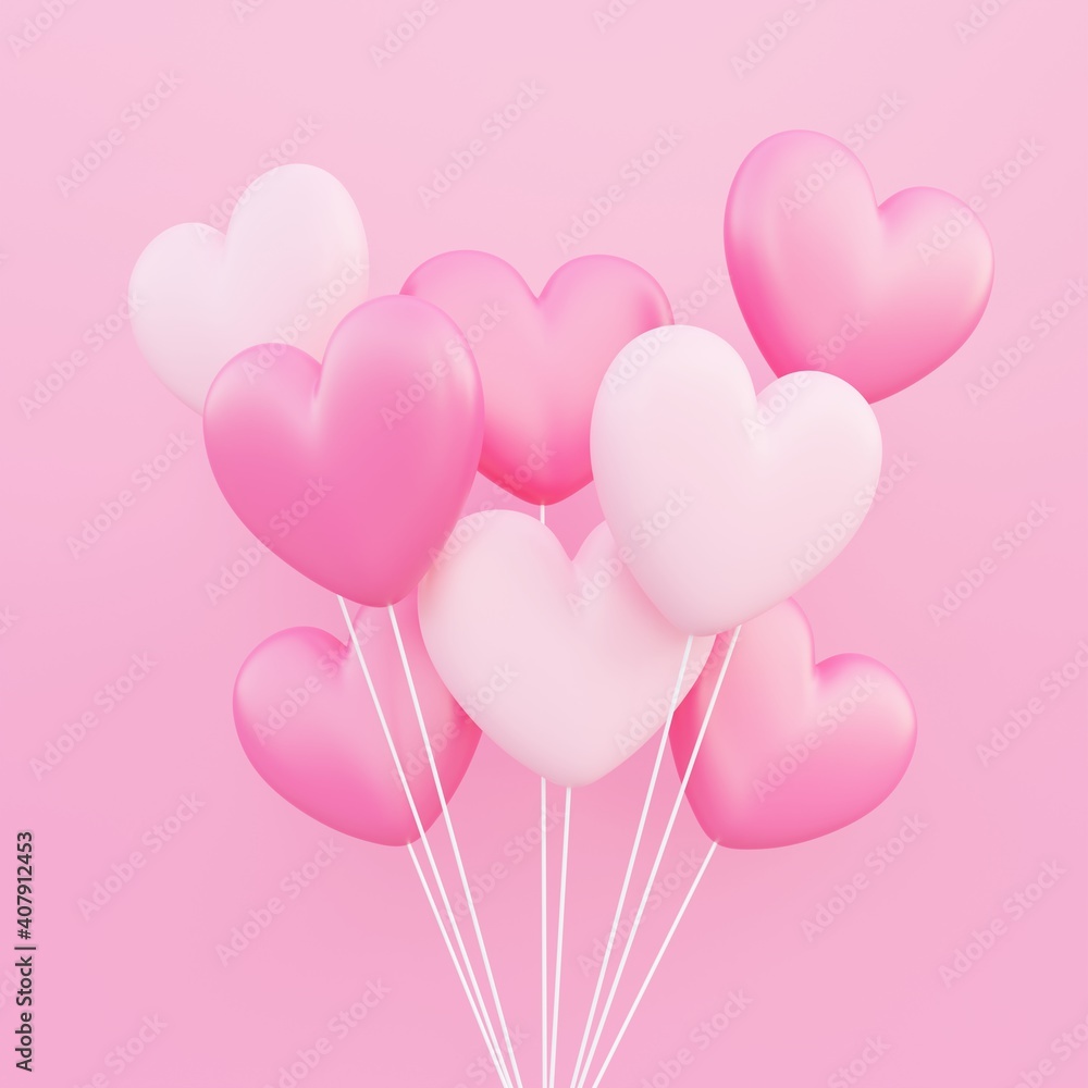 Valentine's day, love concept background, pink and white 3d heart shaped balloons bouquet floating
