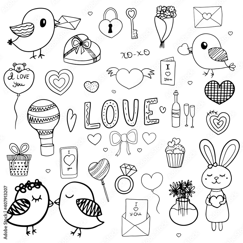 Fototapeta premium Love doodle vector set with decorative elements.