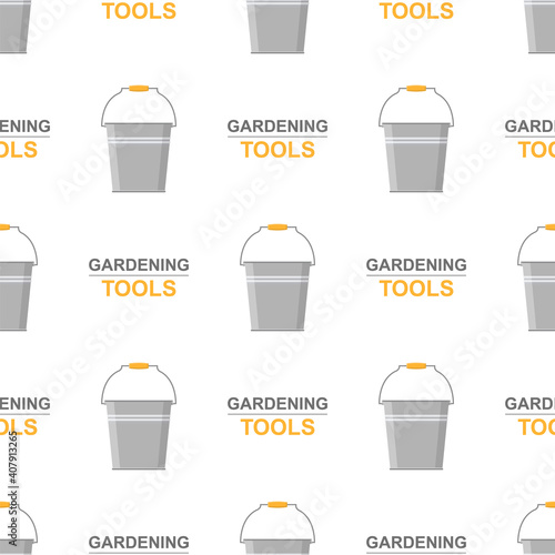 Seamless pattern with cartoon garden metal bucket on white background. Gardening tool. Vector illustration for any design