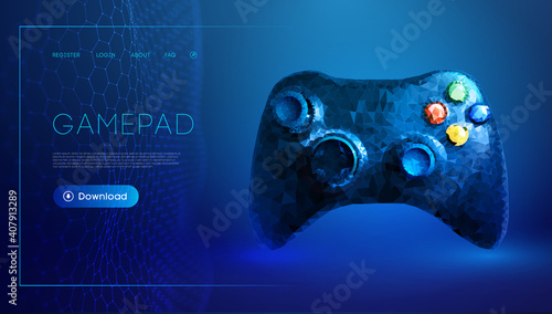 Low poly gamepad 3d abstract vector illustration. Polygon vector wireframe concept on blue background.