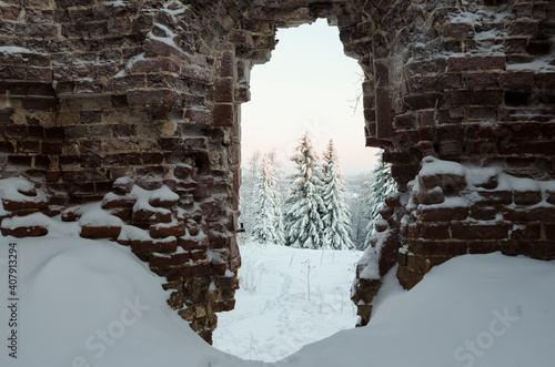 View of the snowy forest through a ruined brick wall. Abandoned monastery 