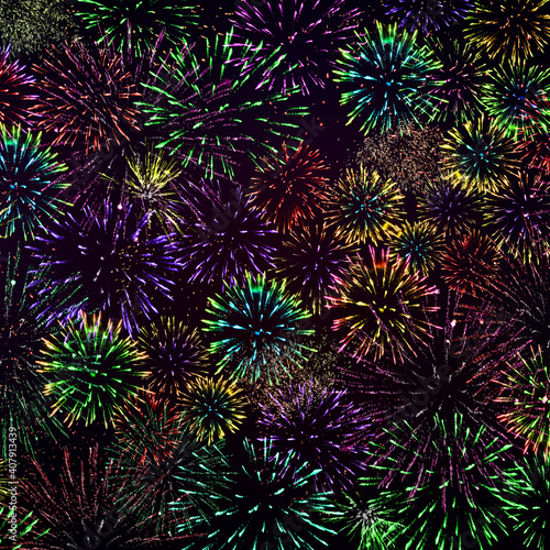 Colorful fireworks on the black sky background.