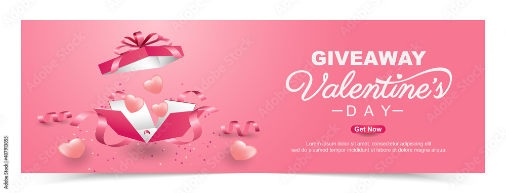 Valentine's day giveaway with realistic gift box banner template design - obrazy, fototapety, plakaty 