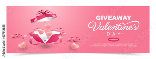 Valentine's day giveaway with realistic gift box banner template design
