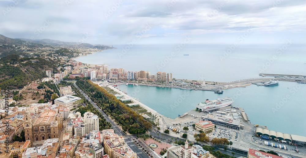 Beautiful Panoramic view of Malaga City. Beautiful  Port of Malaga, famous Dock One - Muelle Uno - Boats in port. Beautiful water  colours