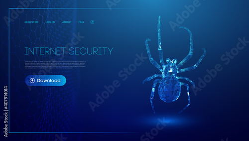 Virus spider in low poly style on blue background. Cybercryme technology network web vector illustration. Internet fraud abstract vector background. Cyber criminal hacker attack.