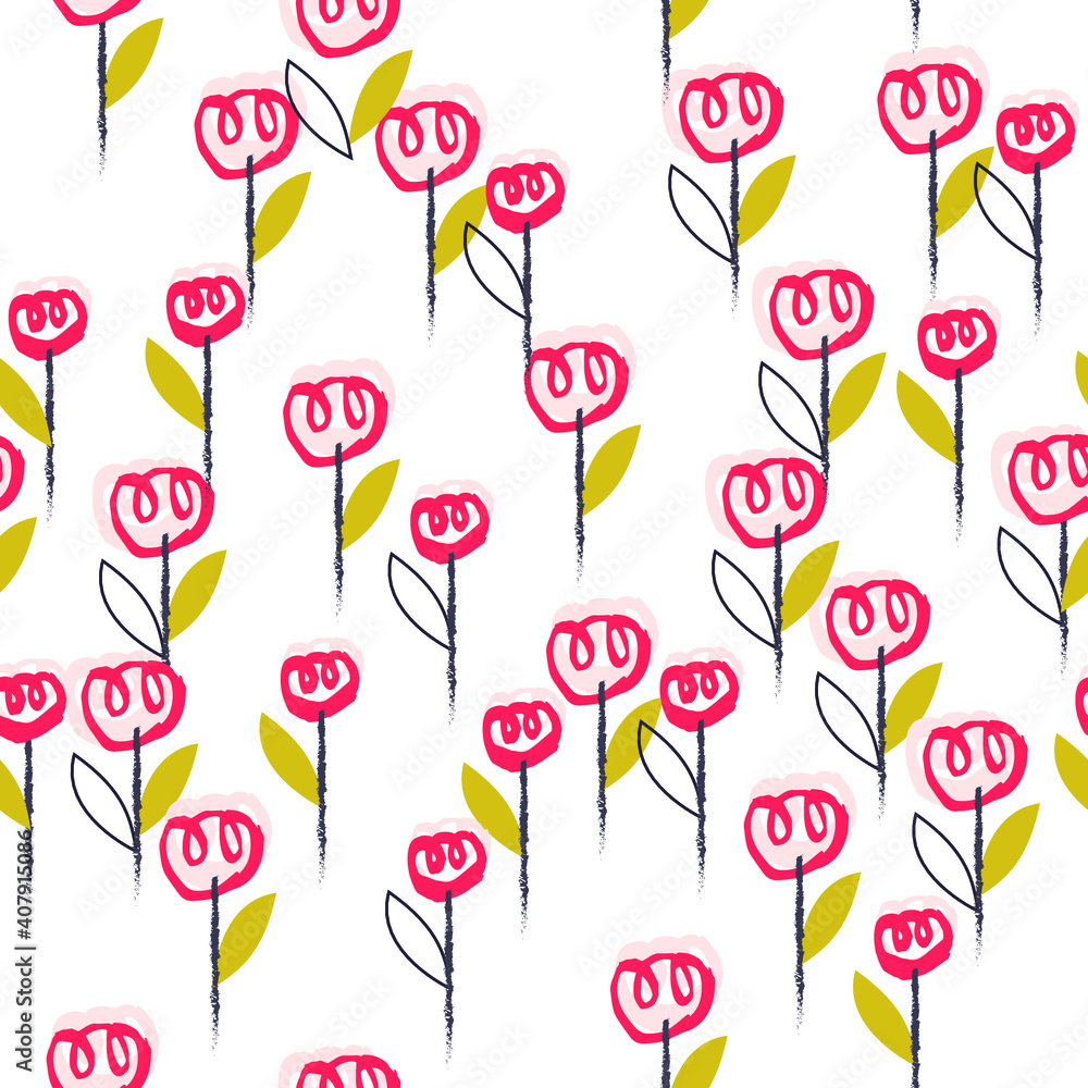 Seamless pattern in vector. Tulips, hand drawn flowers. Foliage, branches. Super cute and stylish. Ideal print for fabrics and wrapping paper. Spring and summer. Seamless pattern in vector. Tulips, hand drawn flowers. Foliage, branches. Super cute and stylish. Ideal print for fabrics and wrapping paper. Spring and summer.