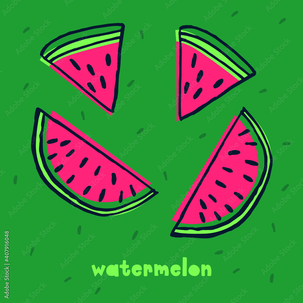 Vector illustration of watermelon slices. Red and green with lettering. Tropical fruit, sweet and refreshing. Isolated on colorful background. It can be used as an icon or as a logo for a brand. Vector illustration of watermelon slices. Red and green with lettering. Tropical fruit, sweet and refreshing. Isolated on colorful background. It can be used as an icon or as a logo for a brand.