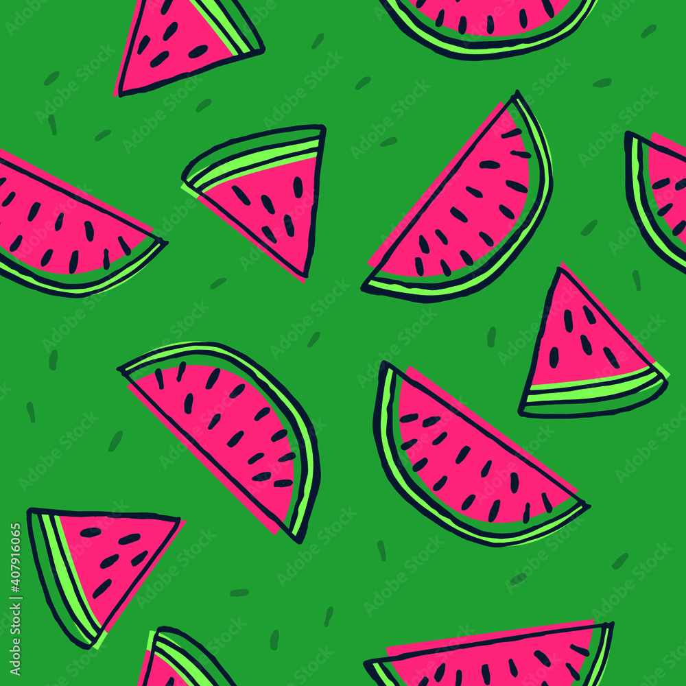 Seamless vector pattern. Sliced watermelons. Fun print for fabrics or wrapping paper. Summer fruit, super refreshing and sweet. Theme: kitchen, food, citrus, pink, red, lines. Seamless vector pattern. Sliced watermelons. Fun print for fabrics or wrapping paper. Summer fruit, super refreshing and sweet. Theme: kitchen, food, citrus, pink, red, lines.