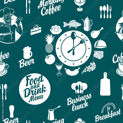 Seamless pattern on the food and drink theme with inscriptions, various dishes and beverages. Decorative vector background in cartoon style. Great for wallpaper, wrapping paper, fabric