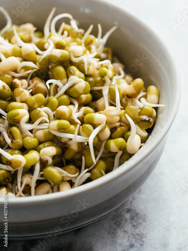 Small bowl with sprouted mung beans.