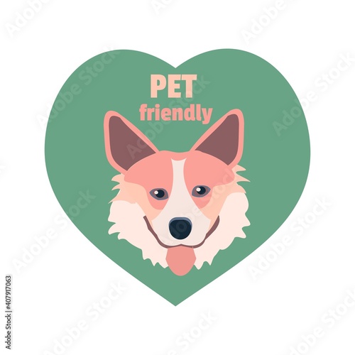 Pet frendly logo with corgi in heart Vector flat illustration