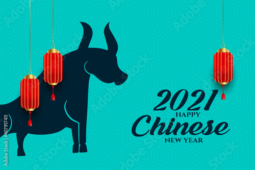 Happy chinese new year of ox on blue background