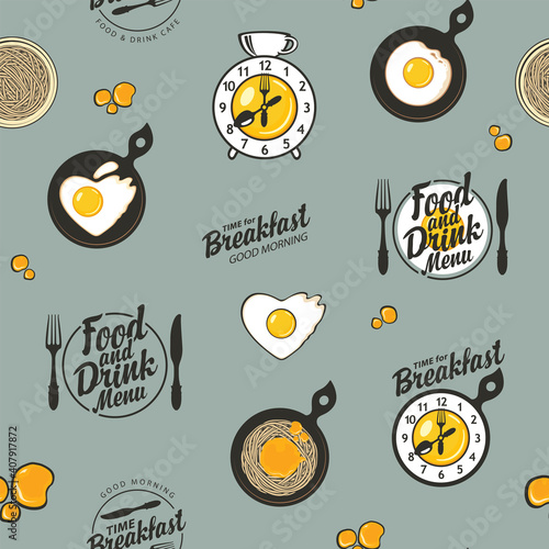 Vector seamless pattern on the theme of breakfast with scrambled eggs, pasta, alarm clock and inscriptions on a grey background. Suitable for wallpaper, wrapping paper or fabric in retro style