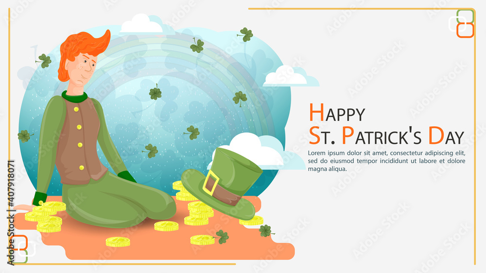 Naklejka premium Flat illustration banner for decorating designs on the theme of celebrating the Irish St. Patricks Day a guy kneels in front of a hat top hat and gold coins