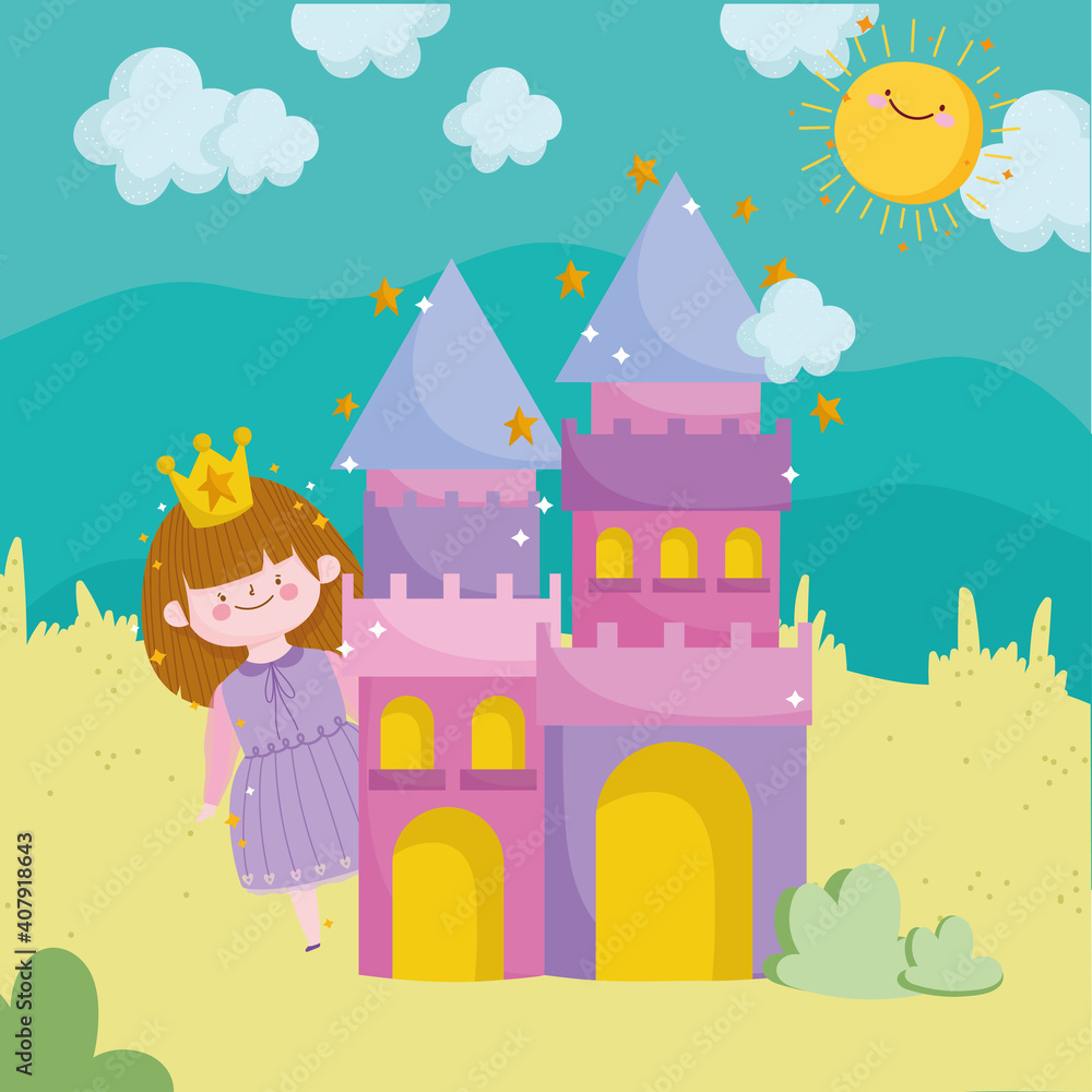 princess tale cartoon cute girl castle sun clouds sky