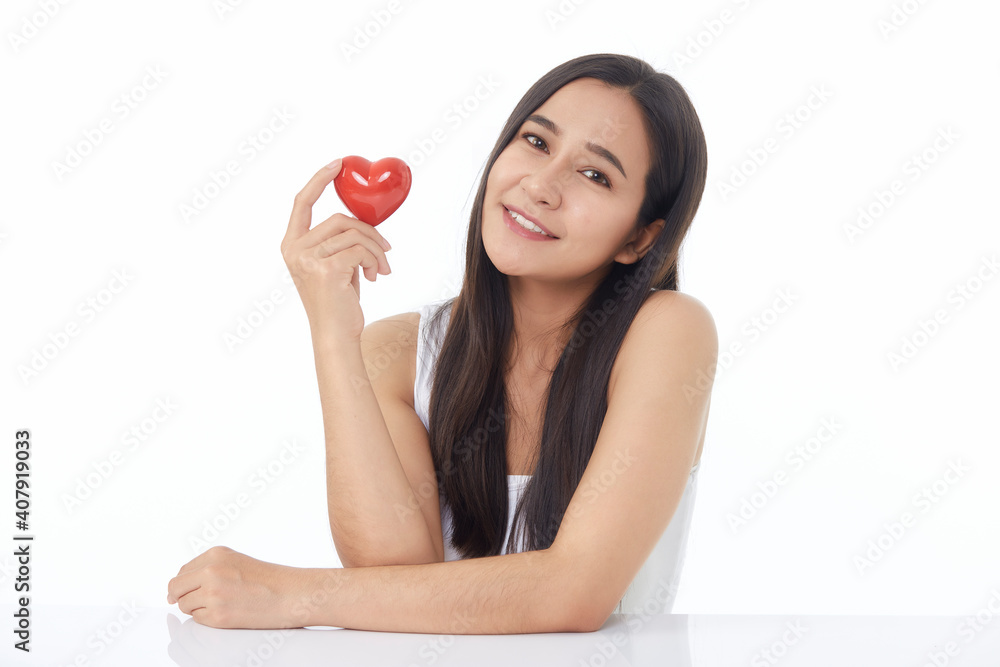 Womon brunette long hair holding red heart love Womon brunette long hair holding red heart love